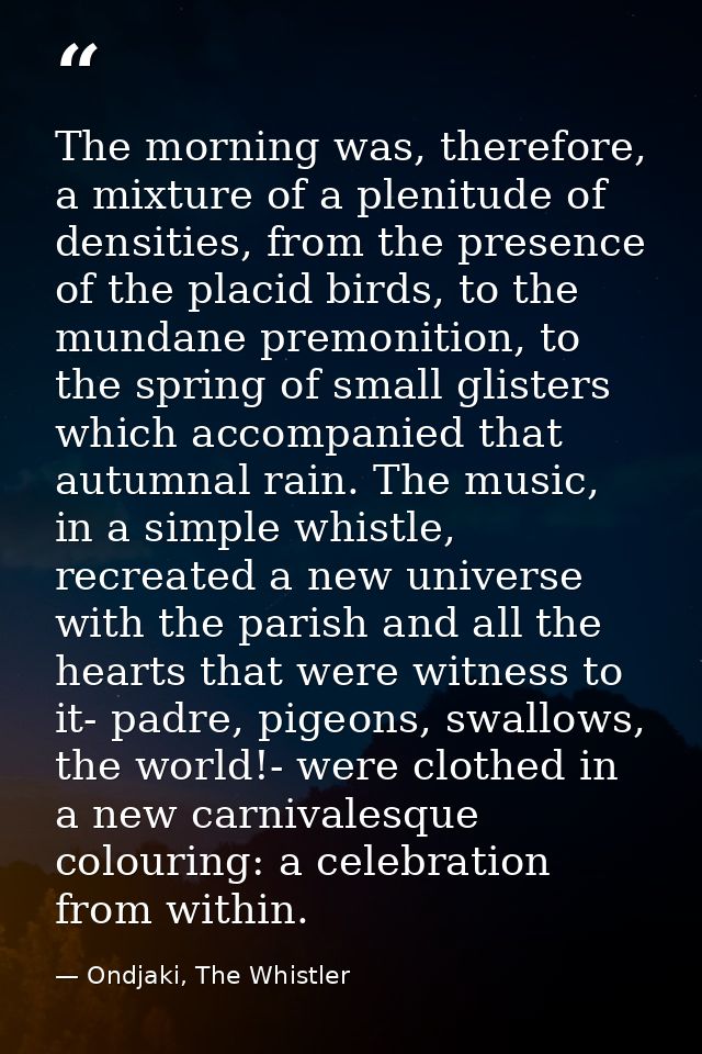 The morning was, therefore, a mixture of a plenitude of densities, from the presence of the placid birds, to the mundane — Ondjaki, The Whistler
