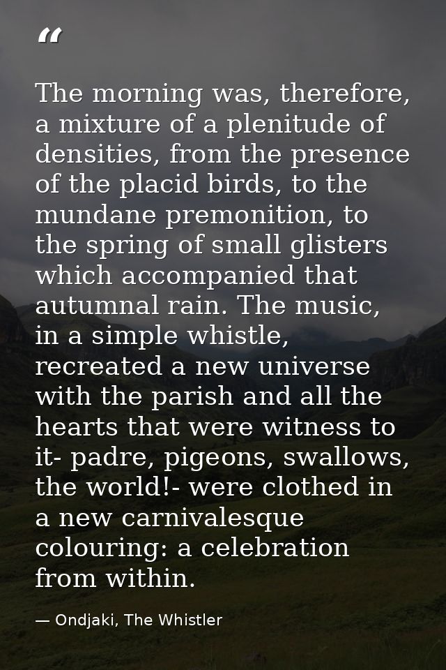 The morning was, therefore, a mixture of a plenitude of densities, from the presence of the placid birds, to the mundane — Ondjaki, The Whistler