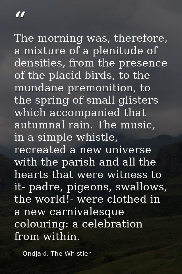 The morning was, therefore, a mixture of a plenitude of densities, from the presence of the placid birds, to the mundane — Ondjaki, The Whistler