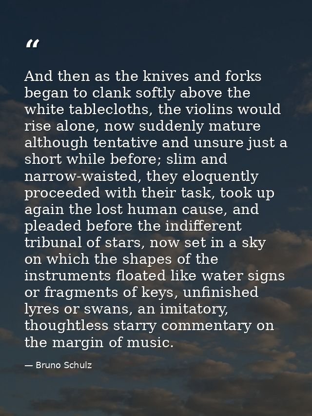 And then as the knives and forks began to clank softly above the white tablecloths, the violins would rise alone, now su — Bruno Schulz