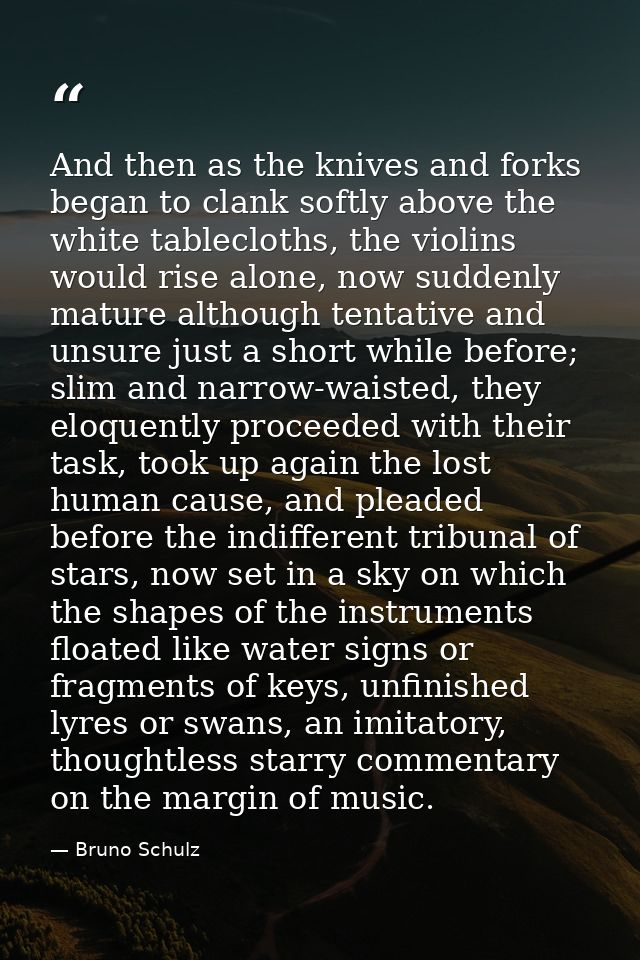 And then as the knives and forks began to clank softly above the white tablecloths, the violins would rise alone, now su — Bruno Schulz