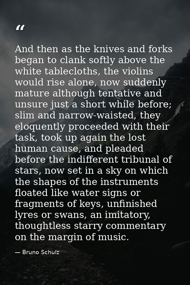 And then as the knives and forks began to clank softly above the white tablecloths, the violins would rise alone, now su — Bruno Schulz