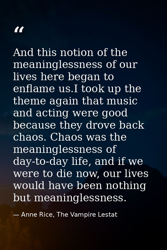 And this notion of the meaninglessness of our lives here began to enflame us.I took up the theme again that music and ac — Anne Rice, The Vampire Lestat