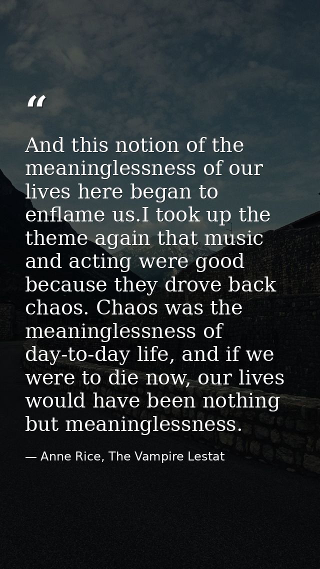 And this notion of the meaninglessness of our lives here began to enflame us.I took up the theme again that music and ac — Anne Rice, The Vampire Lestat