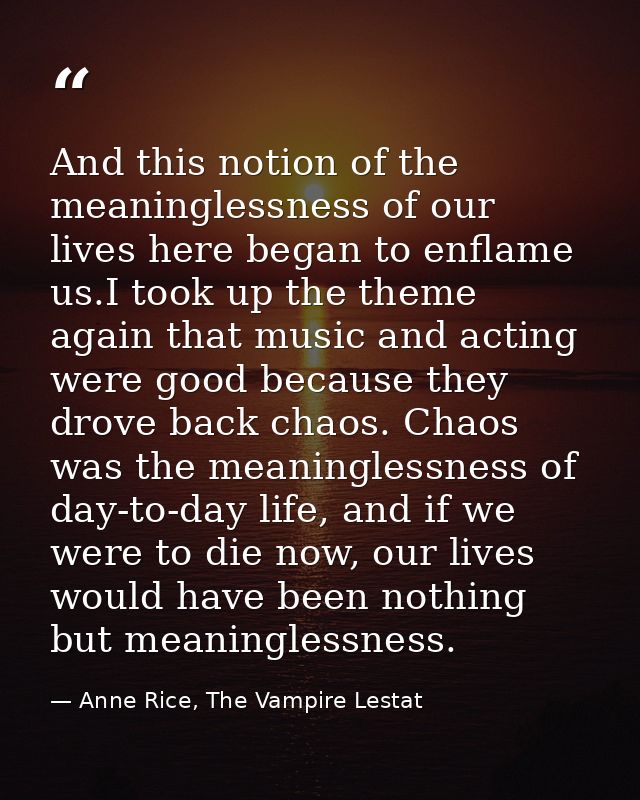 And this notion of the meaninglessness of our lives here began to enflame us.I took up the theme again that music and ac — Anne Rice, The Vampire Lestat