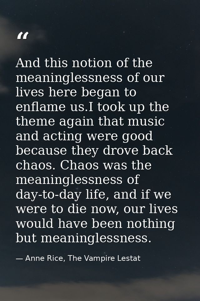 And this notion of the meaninglessness of our lives here began to enflame us.I took up the theme again that music and ac — Anne Rice, The Vampire Lestat