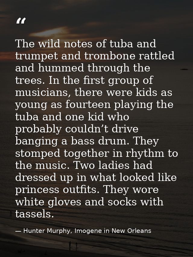 The wild notes of tuba and trumpet and trombone rattled and hummed through the trees. In the first group of musicians, t — Hunter Murphy, Imogene in New Orleans