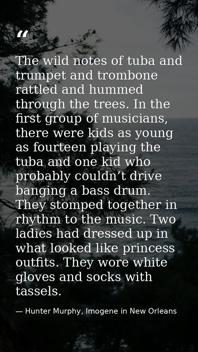 The wild notes of tuba and trumpet and trombone rattled and hummed through the trees. In the first group of musicians, t — Hunter Murphy, Imogene in New Orleans