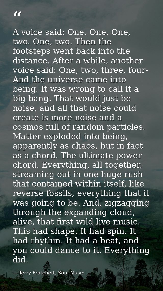 A voice said: One. One. One, two. One, two. Then the footsteps went back into the distance. After a while, another voice — Terry Pratchett, Soul Music