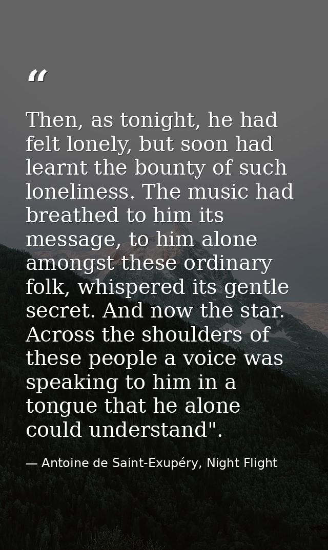 Then, as tonight, he had felt lonely, but soon had learnt the bounty of such loneliness. The music had breathed to him i — Antoine de Saint-Exupéry, Night Flight