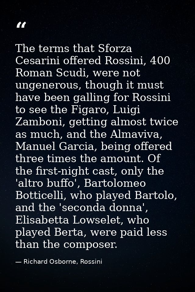 The terms that Sforza Cesarini offered Rossini, 400 Roman Scudi, were not ungenerous, though it must have been galling f — Richard Osborne, Rossini