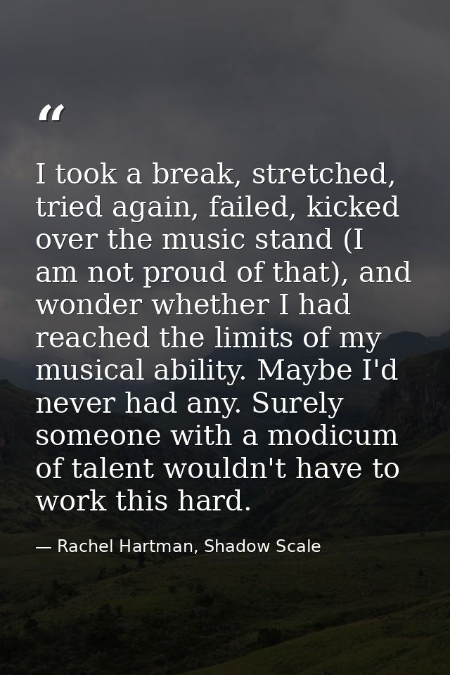 I took a break, stretched, tried again, failed, kicked over the music stand (I am not proud of that), and wonder whether — Rachel Hartman, Shadow Scale