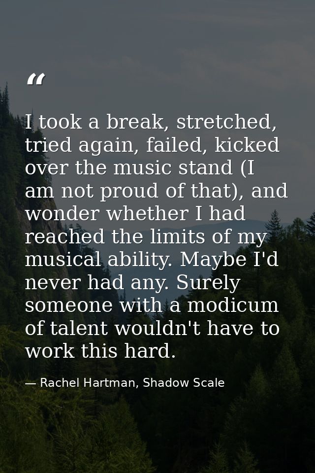 I took a break, stretched, tried again, failed, kicked over the music stand (I am not proud of that), and wonder whether — Rachel Hartman, Shadow Scale