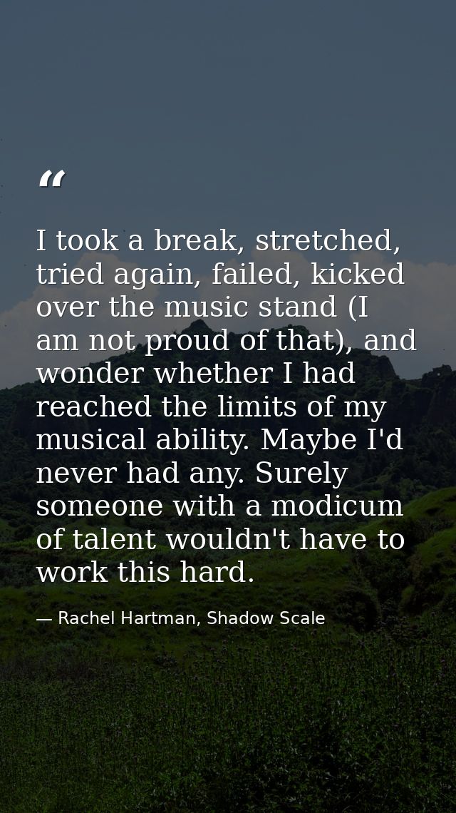I took a break, stretched, tried again, failed, kicked over the music stand (I am not proud of that), and wonder whether — Rachel Hartman, Shadow Scale