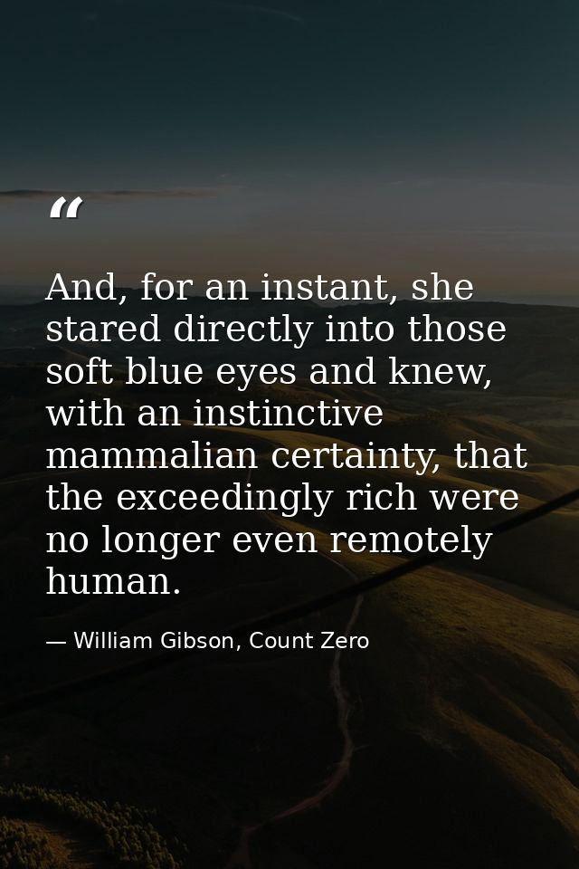 And, for an instant, she stared directly into those soft blue eyes and knew, with an instinctive mammalian certainty, th — William Gibson, Count Zero