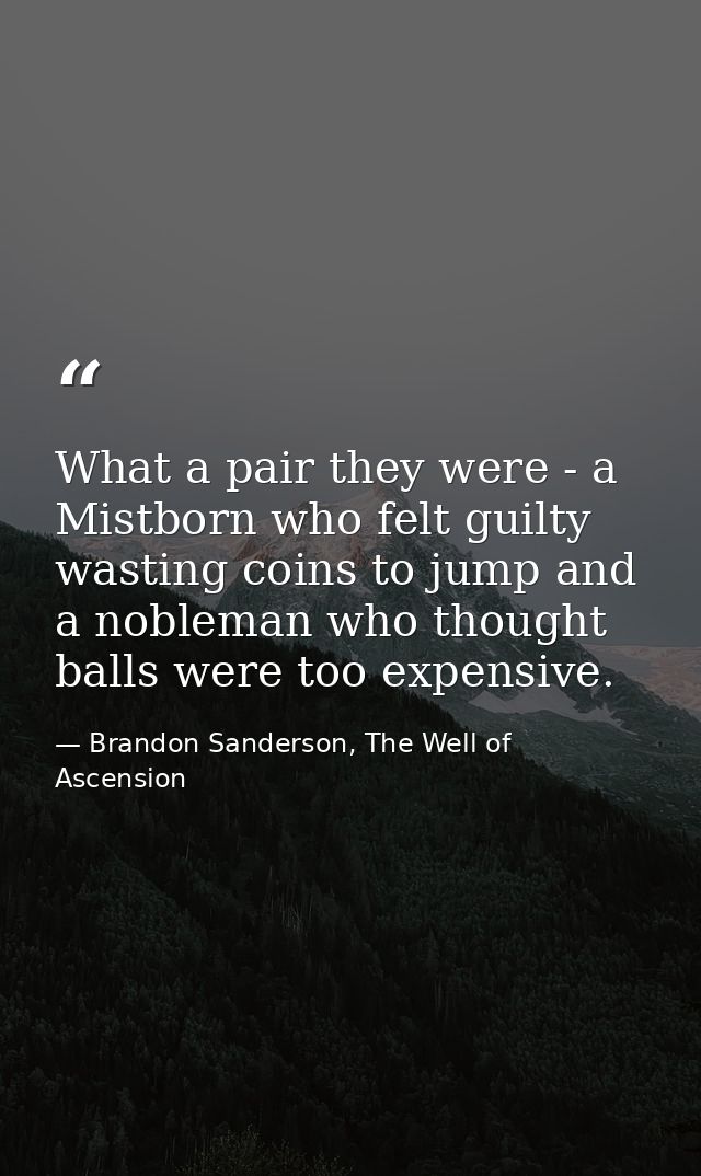 What a pair they were - a Mistborn who felt guilty wasting coins to jump and a nobleman who thought balls were too expen — Brandon Sanderson, The Well of Ascension