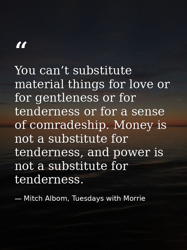 You can’t substitute material things for love or for gentleness or for tenderness or for a sense of comradeship. Money i — Mitch Albom, Tuesdays with Morrie