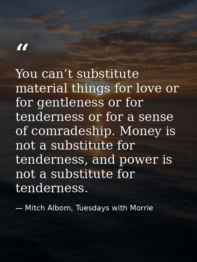 You can’t substitute material things for love or for gentleness or for tenderness or for a sense of comradeship. Money i — Mitch Albom, Tuesdays with Morrie