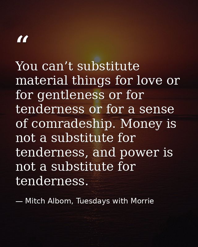 You can’t substitute material things for love or for gentleness or for tenderness or for a sense of comradeship. Money i — Mitch Albom, Tuesdays with Morrie