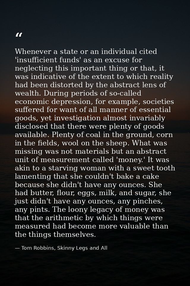 Whenever a state or an individual cited 'insufficient funds' as an excuse for neglecting this important thing or that, i — Tom Robbins, Skinny Legs and All