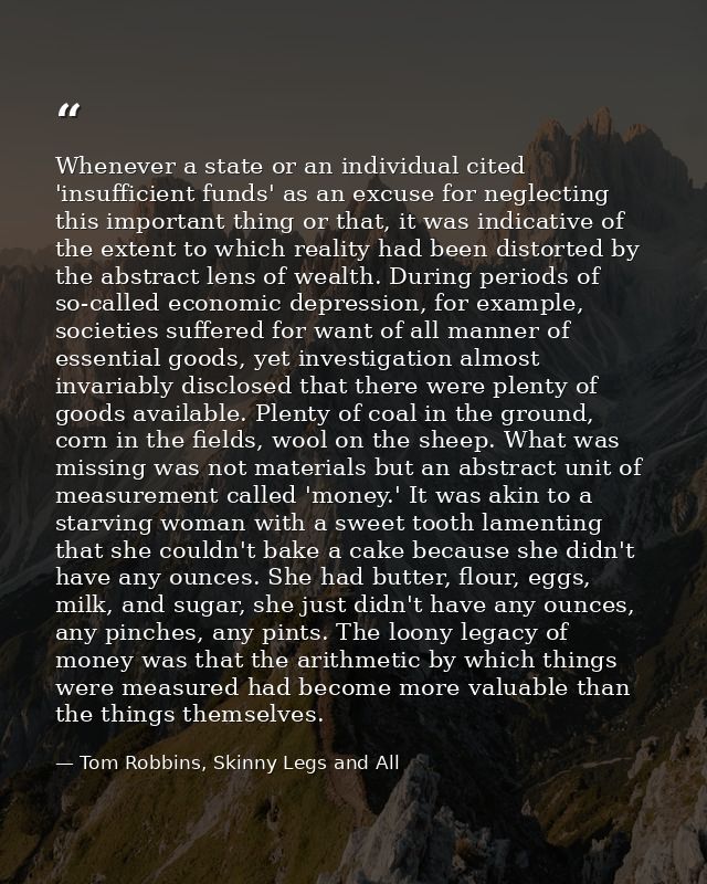 Whenever a state or an individual cited 'insufficient funds' as an excuse for neglecting this important thing or that, i — Tom Robbins, Skinny Legs and All
