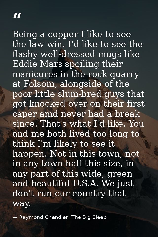 Being a copper I like to see the law win. I'd like to see the flashy well-dressed mugs like Eddie Mars spoiling their ma — Raymond Chandler, The Big Sleep