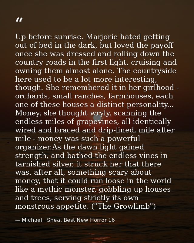 Up before sunrise. Marjorie hated getting out of bed in the dark, but loved the payoff once she was dressed and rolling  — Michael   Shea, Best New Horror 16