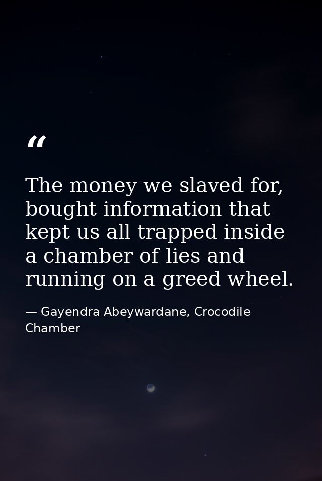 The money we slaved for, bought information that kept us all trapped inside a chamber of lies and running on a greed whe — Gayendra Abeywardane, Crocodile Chamber