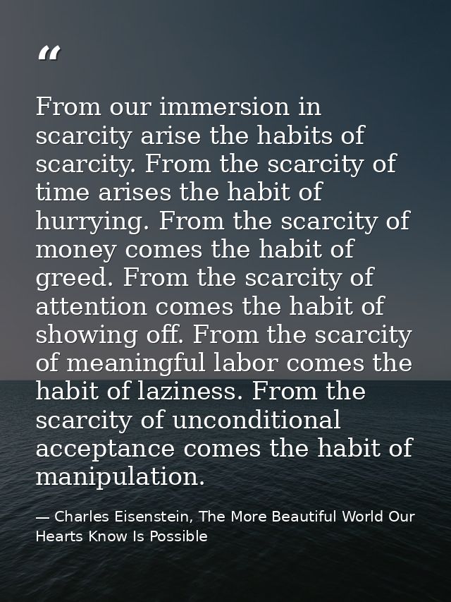 From our immersion in scarcity arise the habits of scarcity. From the scarcity of time arises the habit of hurrying. Fro — Charles Eisenstein, The More Beautiful World Our Hearts Know Is Possible