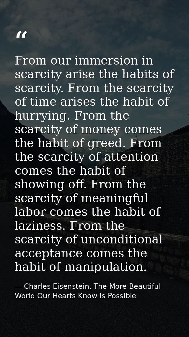 From our immersion in scarcity arise the habits of scarcity. From the scarcity of time arises the habit of hurrying. Fro — Charles Eisenstein, The More Beautiful World Our Hearts Know Is Possible
