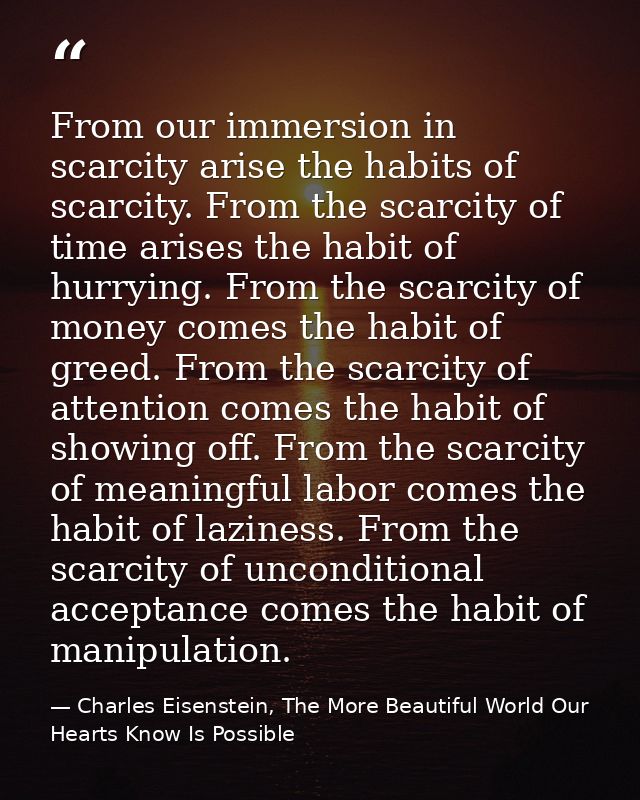 From our immersion in scarcity arise the habits of scarcity. From the scarcity of time arises the habit of hurrying. Fro — Charles Eisenstein, The More Beautiful World Our Hearts Know Is Possible