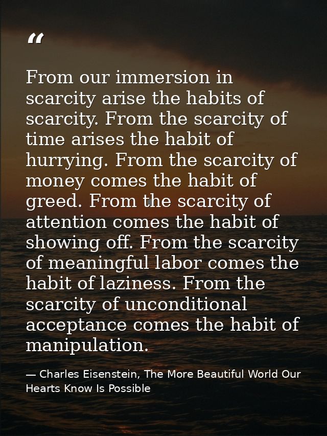 From our immersion in scarcity arise the habits of scarcity. From the scarcity of time arises the habit of hurrying. Fro — Charles Eisenstein, The More Beautiful World Our Hearts Know Is Possible