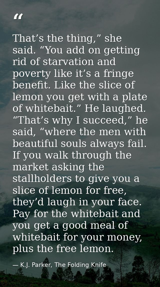 That’s the thing,” she said. “You add on getting rid of starvation and poverty like it’s a fringe benefit. Like the slic — K.J. Parker, The Folding Knife