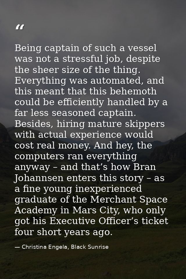 Being captain of such a vessel was not a stressful job, despite the sheer size of the thing. Everything was automated, a — Christina Engela, Black Sunrise