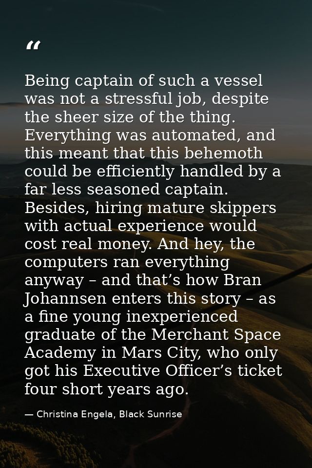 Being captain of such a vessel was not a stressful job, despite the sheer size of the thing. Everything was automated, a — Christina Engela, Black Sunrise