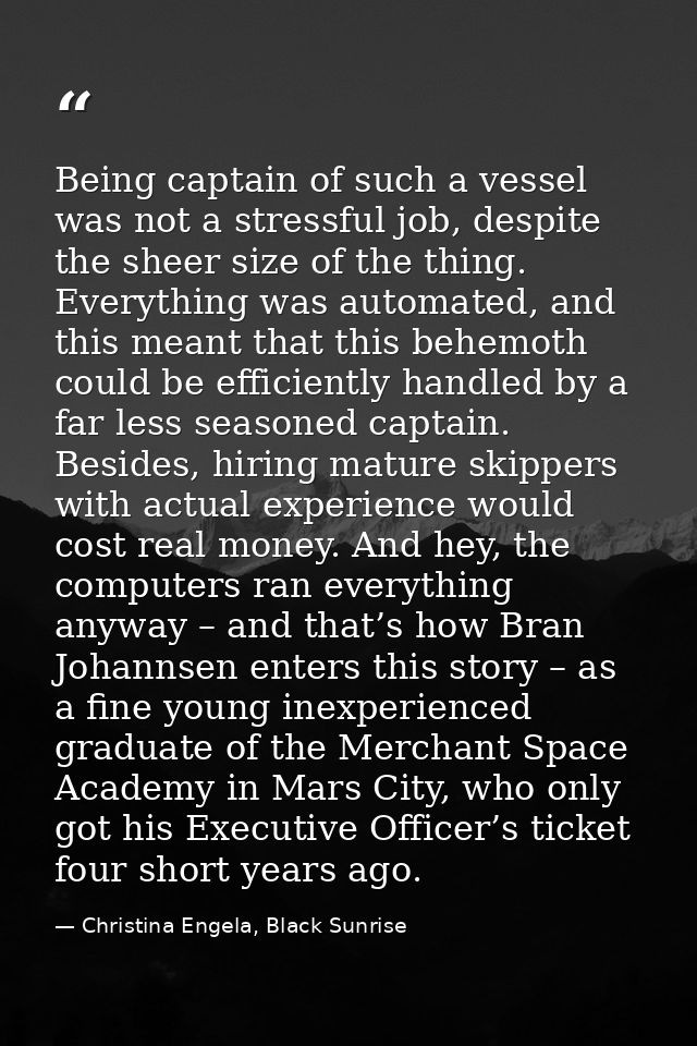 Being captain of such a vessel was not a stressful job, despite the sheer size of the thing. Everything was automated, a — Christina Engela, Black Sunrise