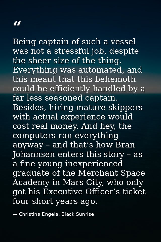 Being captain of such a vessel was not a stressful job, despite the sheer size of the thing. Everything was automated, a — Christina Engela, Black Sunrise