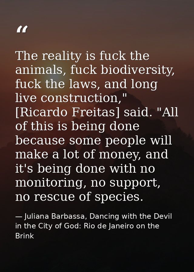 The reality is fuck the animals, fuck biodiversity, fuck the laws, and long live construction," [Ricardo Freitas] said.  — Juliana Barbassa, Dancing with the Devil in the City of God: Rio de Janeiro on the Brink