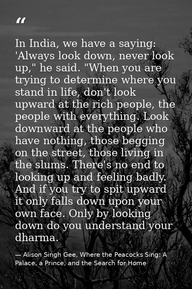 In India, we have a saying: 'Always look down, never look up," he said. "When you are trying to determine where you stan — Alison Singh Gee, Where the Peacocks Sing: A Palace, a Prince, and the Search for Home