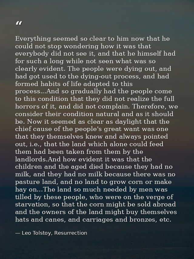 Everything seemed so clear to him now that he could not stop wondering how it was that everybody did not see it, and tha — Leo Tolstoy, Resurrection