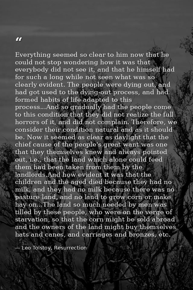 Everything seemed so clear to him now that he could not stop wondering how it was that everybody did not see it, and tha — Leo Tolstoy, Resurrection