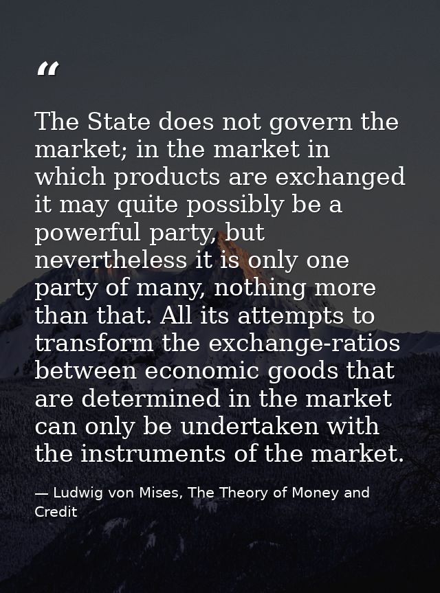 The State does not govern the market; in the market in which products are exchanged it may quite possibly be a powerful  — Ludwig von Mises, The Theory of Money and Credit