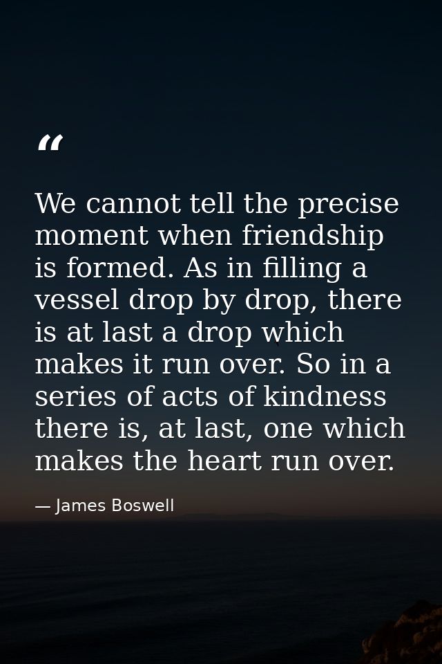 We cannot tell the precise moment when friendship is formed. As in filling a vessel drop by drop, there is at last a dro — James Boswell