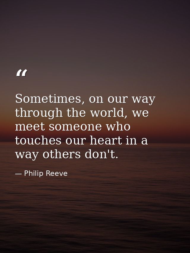 Sometimes, on our way through the world, we meet someone who touches our heart in a way others don't. — Philip Reeve
