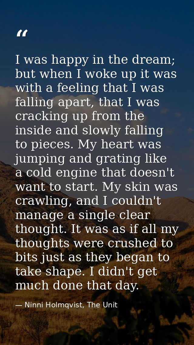 I was happy in the dream; but when I woke up it was with a feeling that I was falling apart, that I was cracking up from — Ninni Holmqvist, The Unit