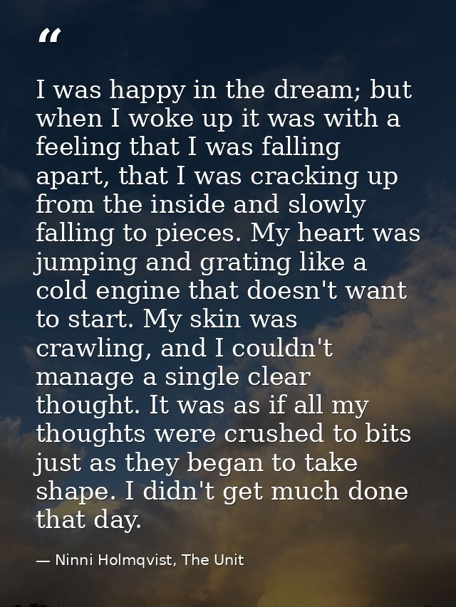 I was happy in the dream; but when I woke up it was with a feeling that I was falling apart, that I was cracking up from — Ninni Holmqvist, The Unit