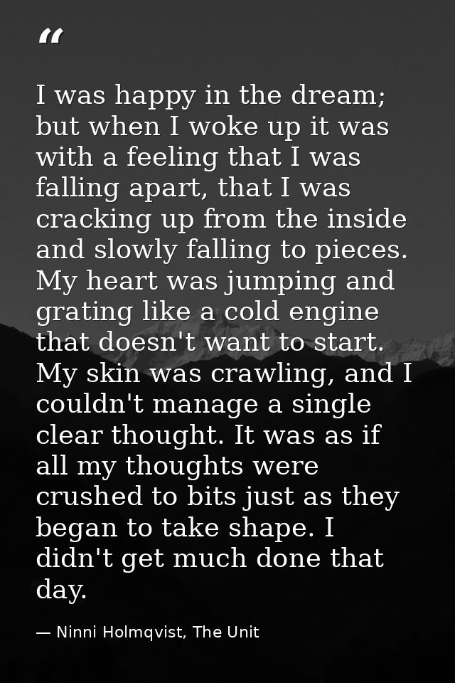 I was happy in the dream; but when I woke up it was with a feeling that I was falling apart, that I was cracking up from — Ninni Holmqvist, The Unit