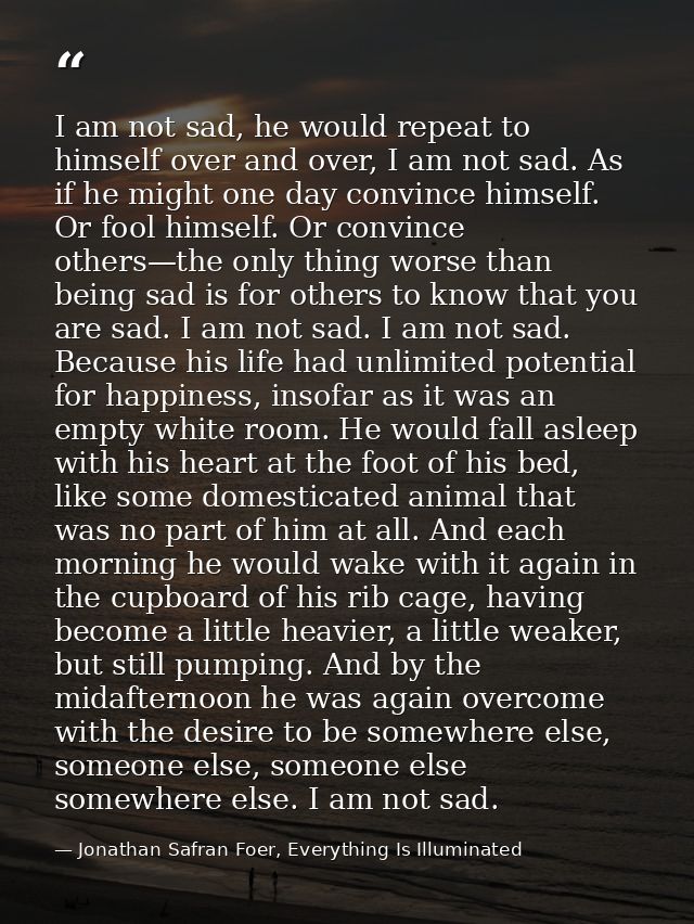 I am not sad, he would repeat to himself over and over, I am not sad. As if he might one day convince himself. Or fool h — Jonathan Safran Foer, Everything Is Illuminated