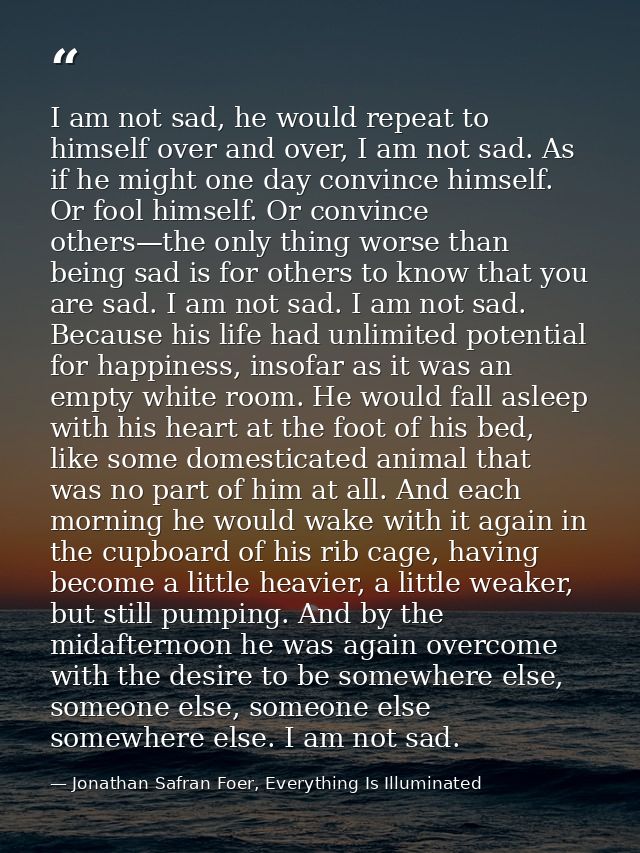 I am not sad, he would repeat to himself over and over, I am not sad. As if he might one day convince himself. Or fool h — Jonathan Safran Foer, Everything Is Illuminated
