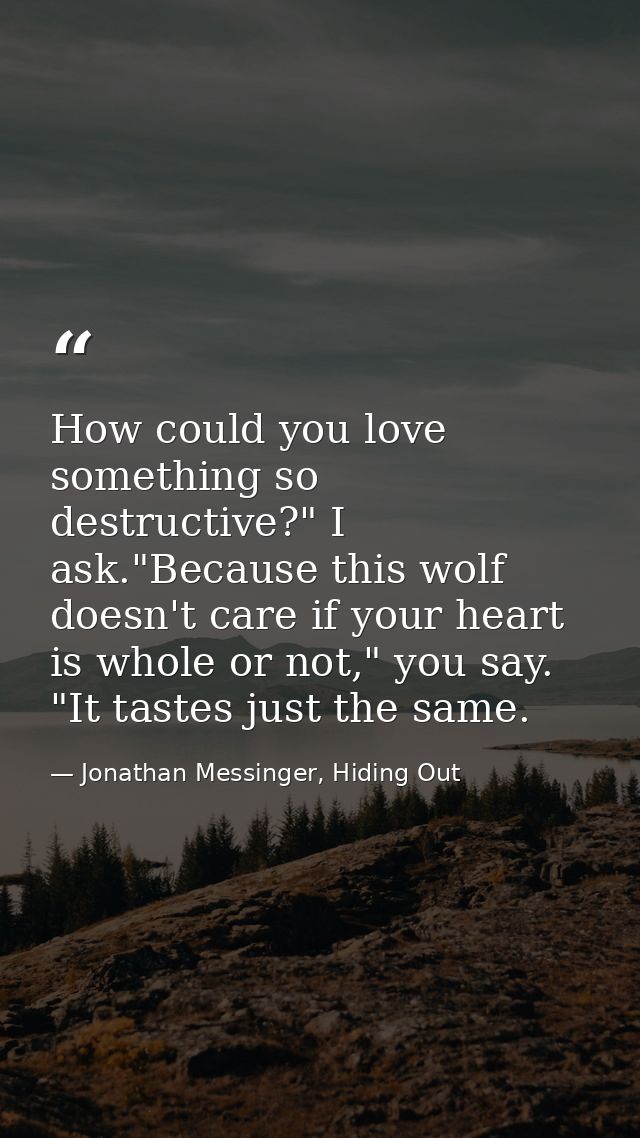 How could you love something so destructive?" I ask."Because this wolf doesn't care if your heart is whole or not," you  — Jonathan Messinger, Hiding Out